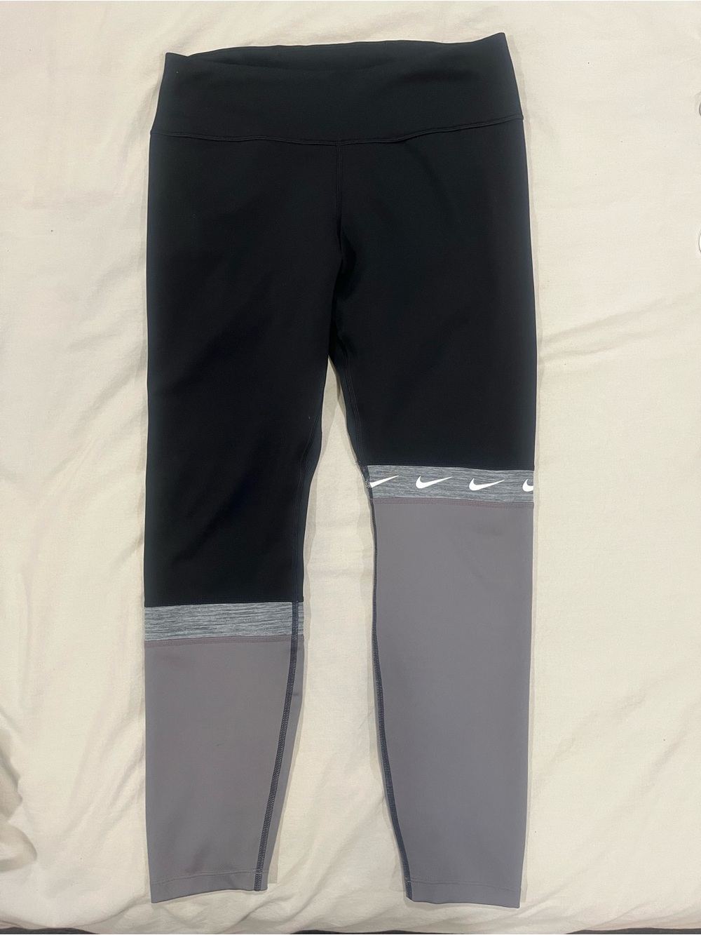 Women’s Black and Gray Colorblock Leggings with Swoosh Trim
